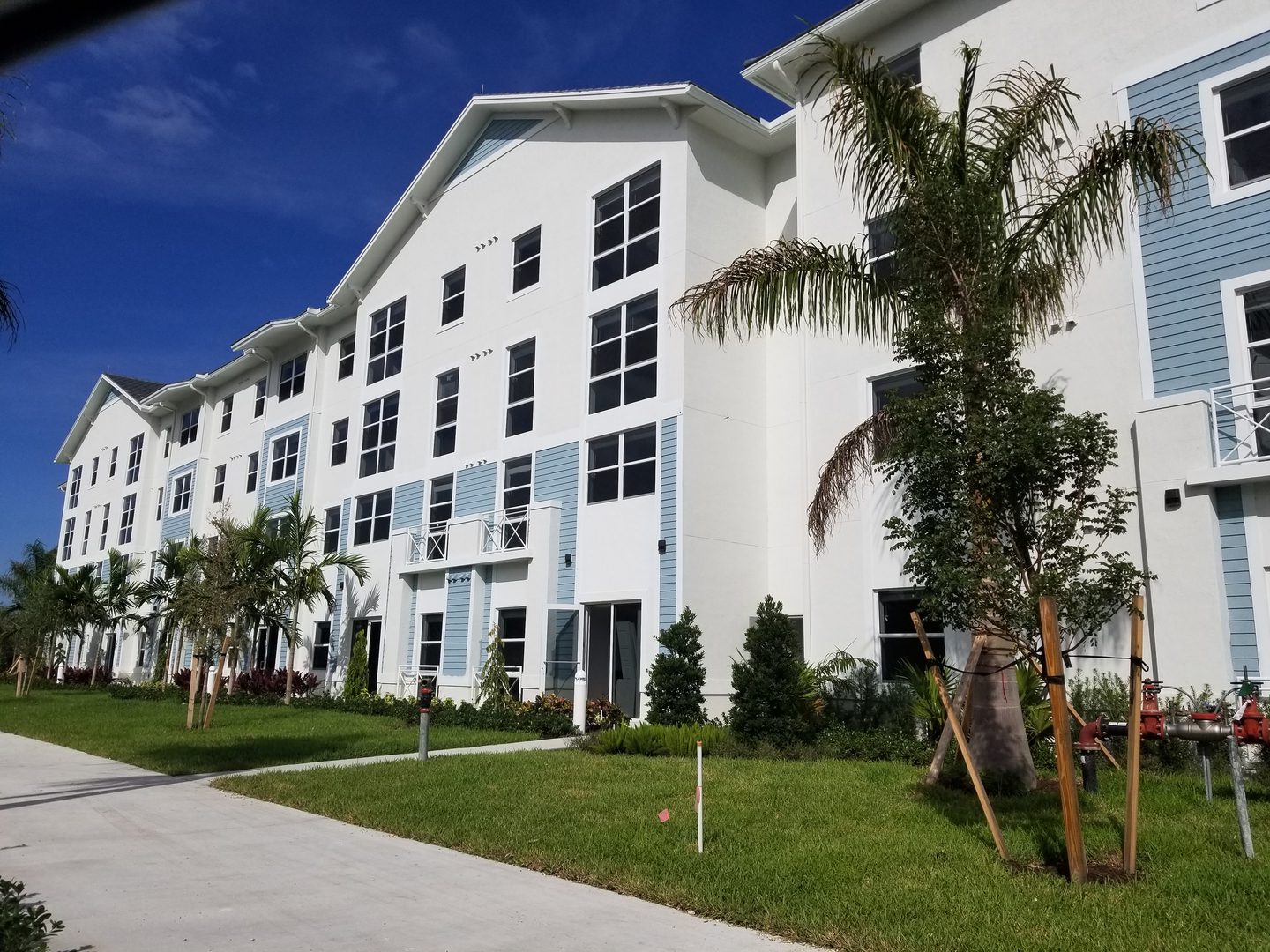 Modern apartment building with palm trees